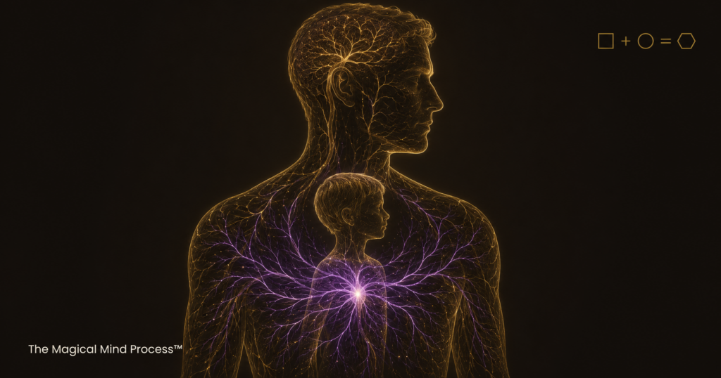 Subconscious beliefs from childhood running adult identity — The Magical Mind Process Excavation phase visualization