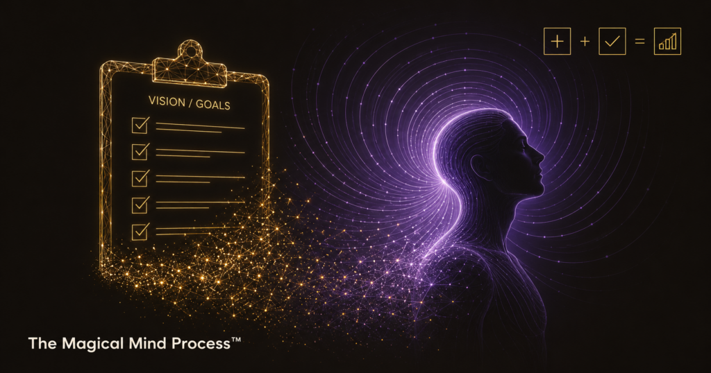 Why goals fail without identity alignment — The Magical Mind Process formula showing the missing piece behind every abandoned resolution